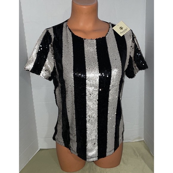 Angela Fashion Tops - New-black white sequins beads evening formal cocktail blouse Top SM
